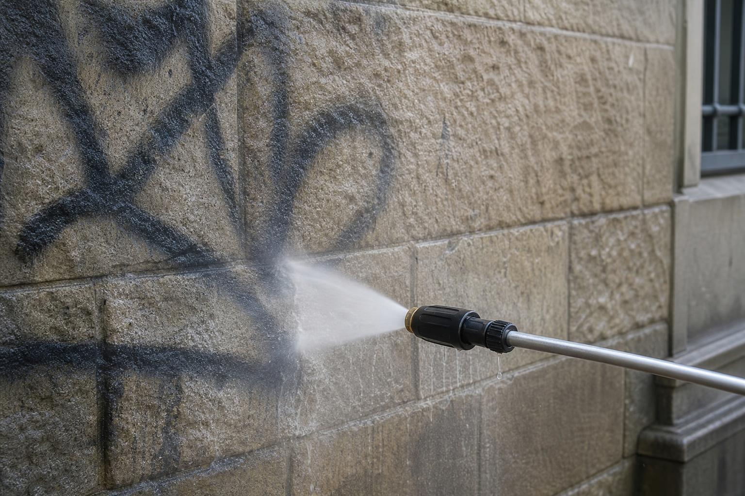 Vakman verwijdert graffiti met hogedrukreiniger