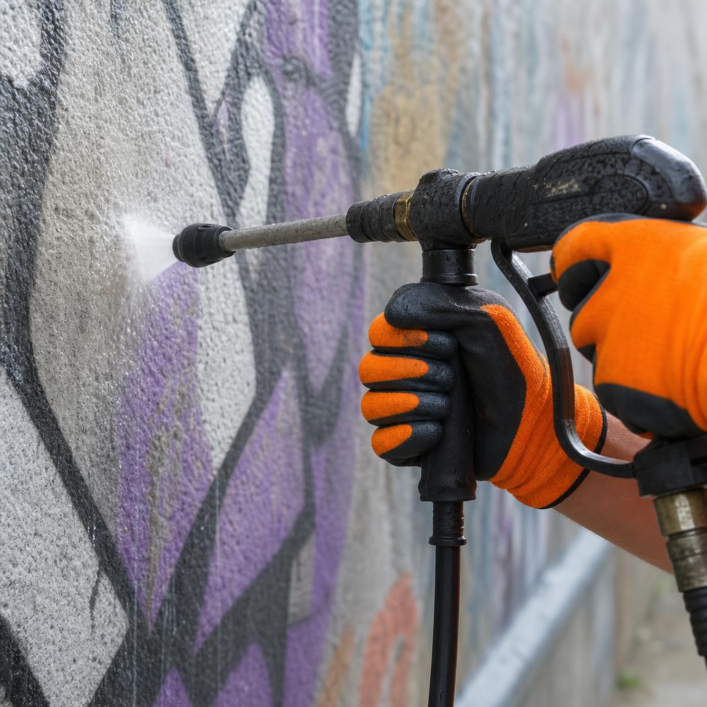 Close-up van vakman met veiligheidsbril en handschoenen tijdens graffiti verwijdering
