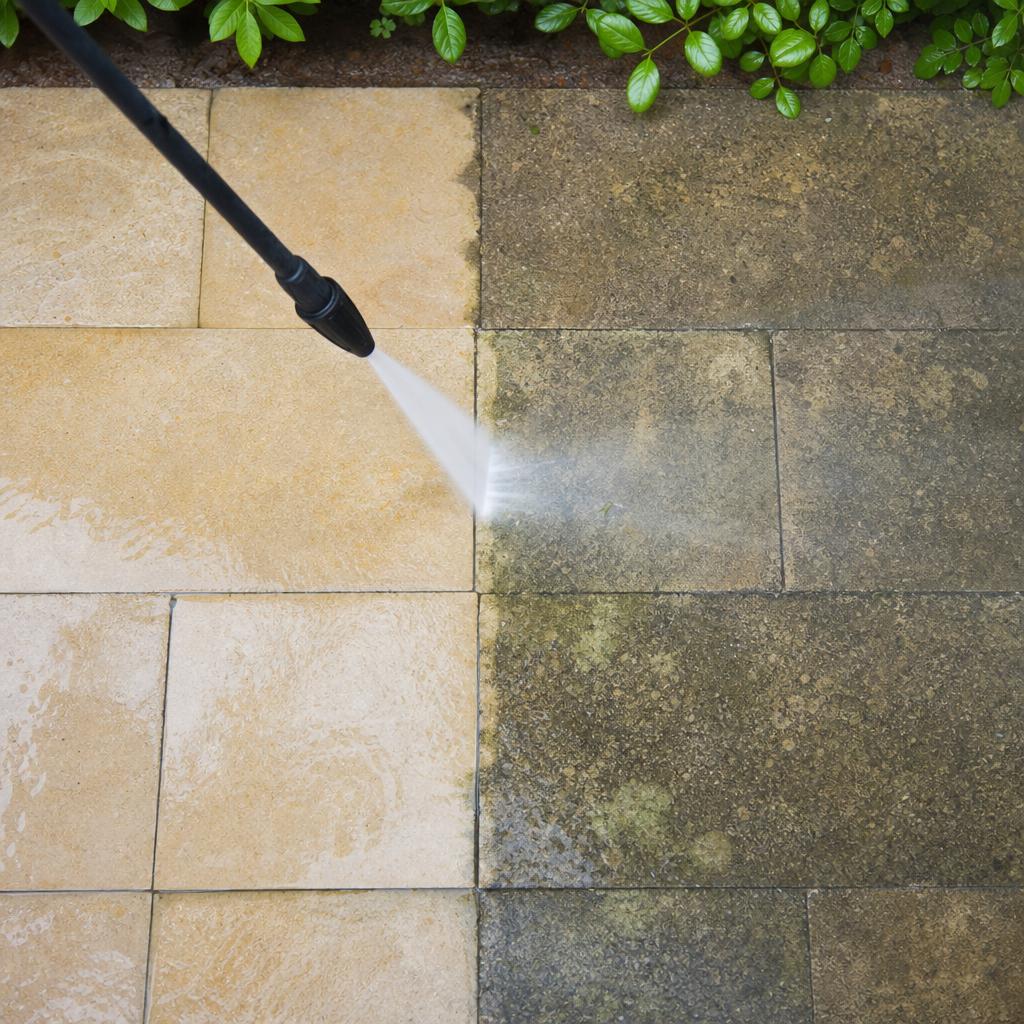 Vakman in volledige PBM reinigt een terras met stoomapparatuur